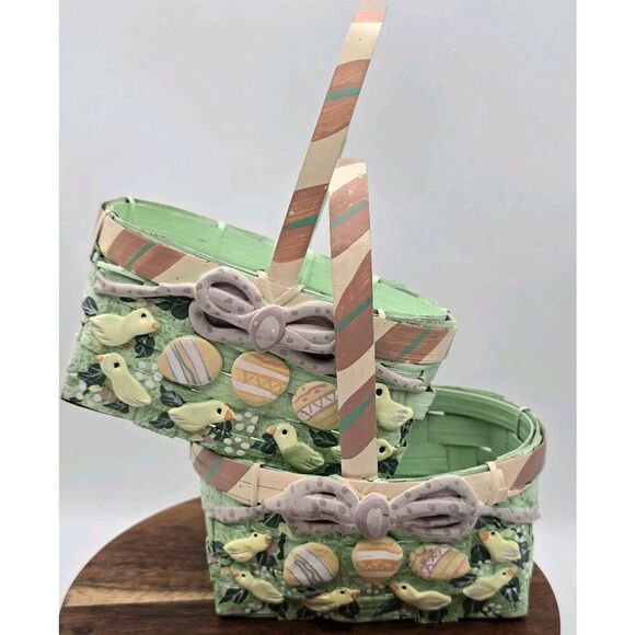 2 Vintage Mint Pink Painted Small Easter Basket Chicks Eggs Stripes Bow - Picture 12 of 12